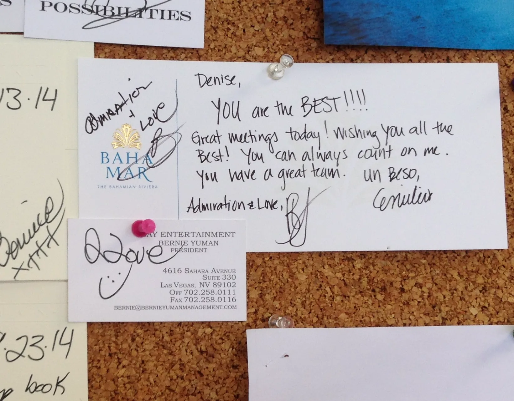Handwritten note thanking Denise after Baha Mar meetings